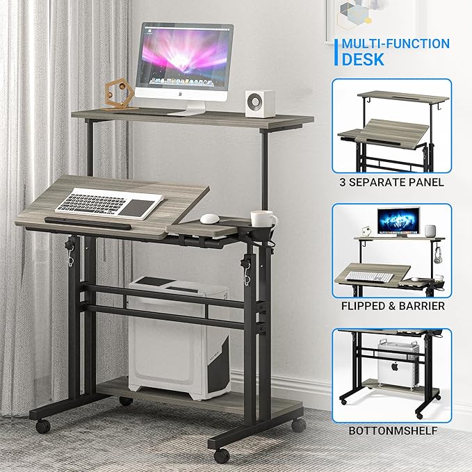 Panta Mobile Standing Desk, Adjustable Rolling Computer Desk with 3 Desktops, Portable Laptop Table with Desk Cup Holder, Home Office Laptop Workstation on Lockable Wheels,Grey Oak