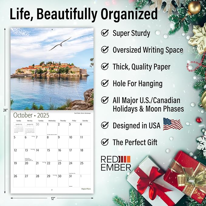 RED EMBER Magical Places 2025 Wall Calendar 12 Month | 12" x 24" Open | Thick & Sturdy Paper | Giftable | Calendar 2025