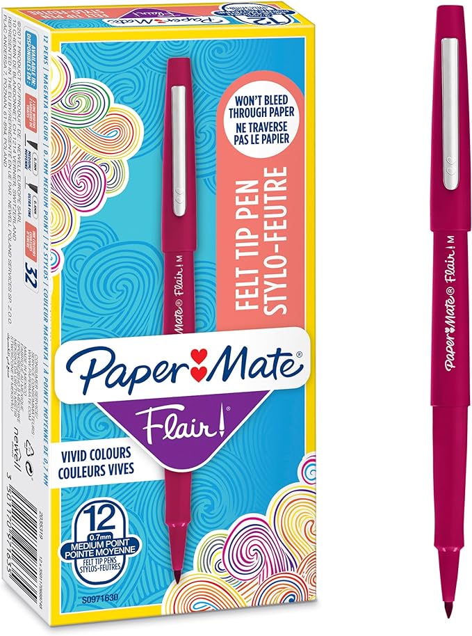 Paper Mate Flair Felt Tip Pens | Medium Point (0.7 mm) Marker Pens | Magenta Red Pens | for Writing, Marking, Drawing & Sketching | 12 Count