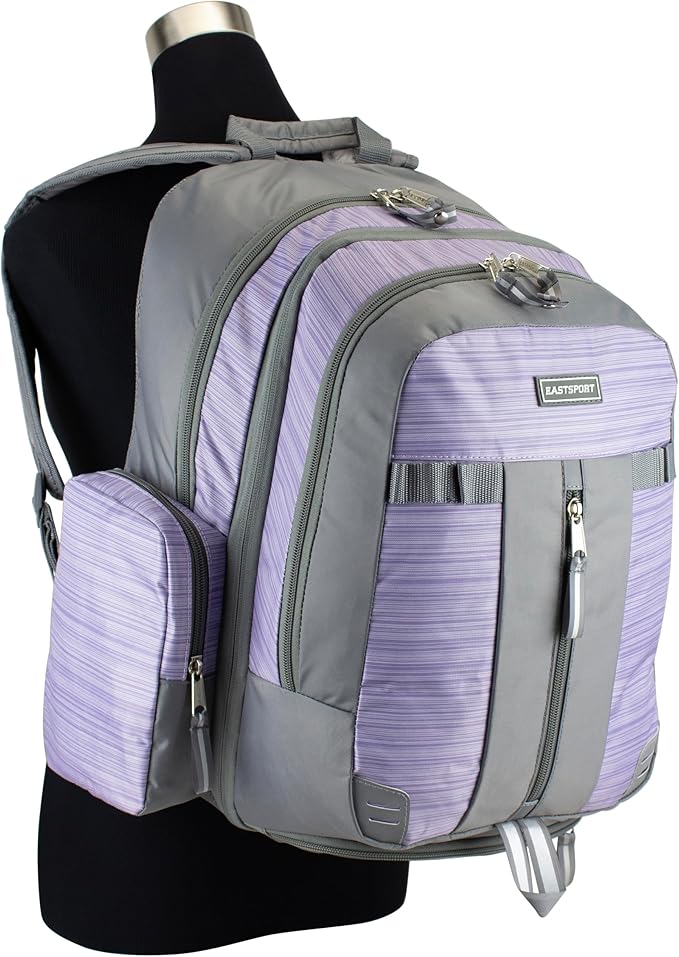 Eastsport Extra Large Backpack Expandable Oversized For Travel Hiking Work Camping Sports Outdoors With Drawstring Bag 18x13.5x9.5 Mochila De Viaje Lilac Stripes