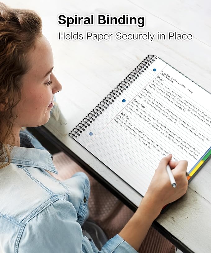 Dunwell 5-Subject Notebook, College Ruled, Colorful Movable Pocket Dividers with Tabs, Front/Back Plastic Covers, 200 Sheets (400 Pages) of 3-Hole Punch Perforated 8.5x11 Paper