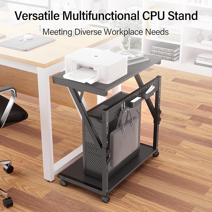 Computer Tower Cart - Height Adjustable PC Stand, 2-Tier ATX-Case CPU Holder Home Office Gaming Desk Accessories with Rolling Lockable Wheels, Laptop Table Standing Computer Desk, Rustic Black