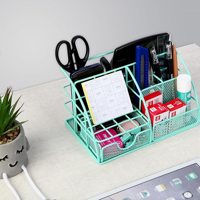 JUOPIEA Desk Organizers and Accessories Office Supplies Organizer with Pen Holder, 72 Clips Set and Phone Stand, Metal Mesh Desktop Organizers with Drawer for Home, Office, School Ect