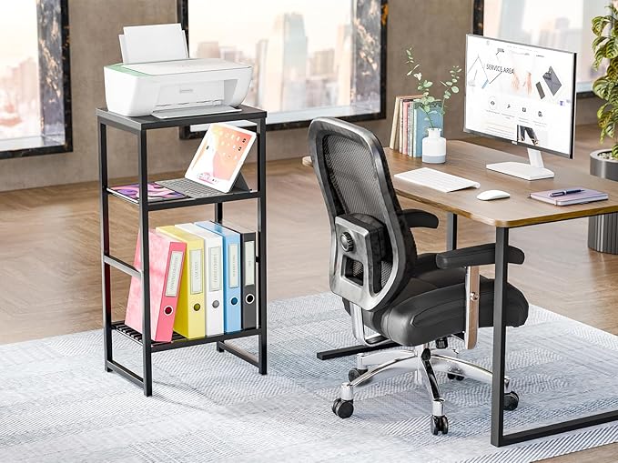 Printer Stand Holder 3 Tier - Heavy Duty Metal Shelving Unit for Under Desk Printer Storage Office Organizer, Industrial Printer Side Table with Wood Desktop for Scanner Fax Machine Black