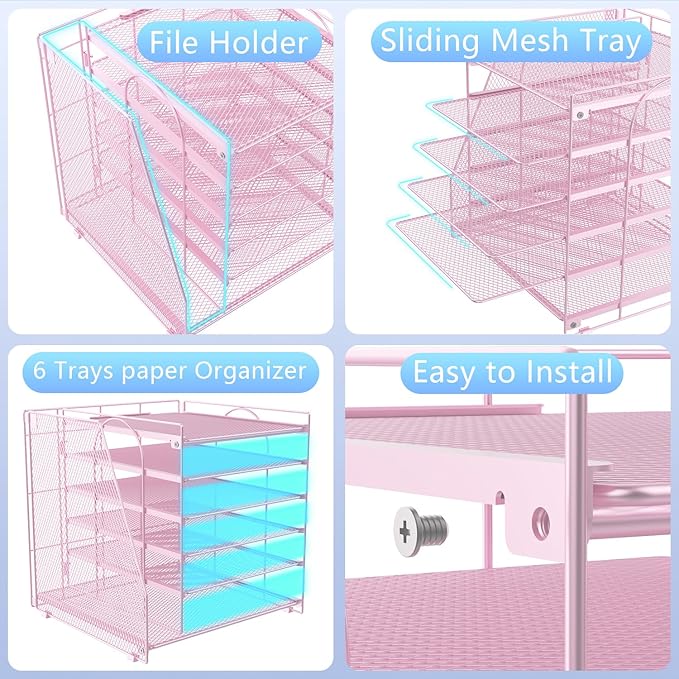 gianotter Desk Organizers and Accessories, 6-Tier Paper Organizer with Magazine rack, File Organizer for Desk, Desk Organizers for Women, Pink Office Decor (Pink)