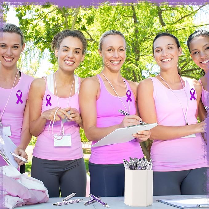 48 Pcs Purple Ribbon Awareness Pens Cancer Awareness Ballpoint Pens Bulk Faith Courage Hope Strength Health Awareness Favor Gifts for Animal Abuse, Alzheimer's, Lupus and Pancreatic Cancer