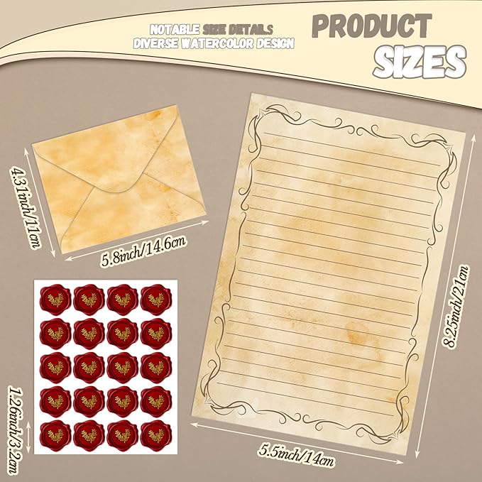 TaoBary 160 Packs Stationery Paper Set (50 Double Sided Stationery Writing Papers 50 Matching Envelopes) 60 Round Dot Sticker, 10 Design(Light Vintage,8.5 x 11 Inch)