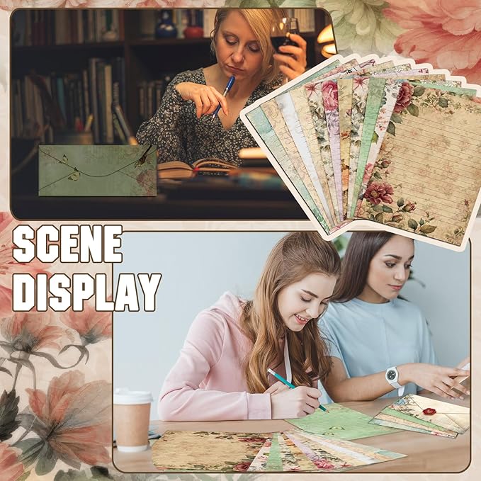TaoBary 160 Packs Stationery Paper Set (50 Double Sided Stationery Writing Papers 50 Matching Envelopes) 60 Round Dot Sticker, 10 Design(Vintage Floral,8.5 x 11 Inch)