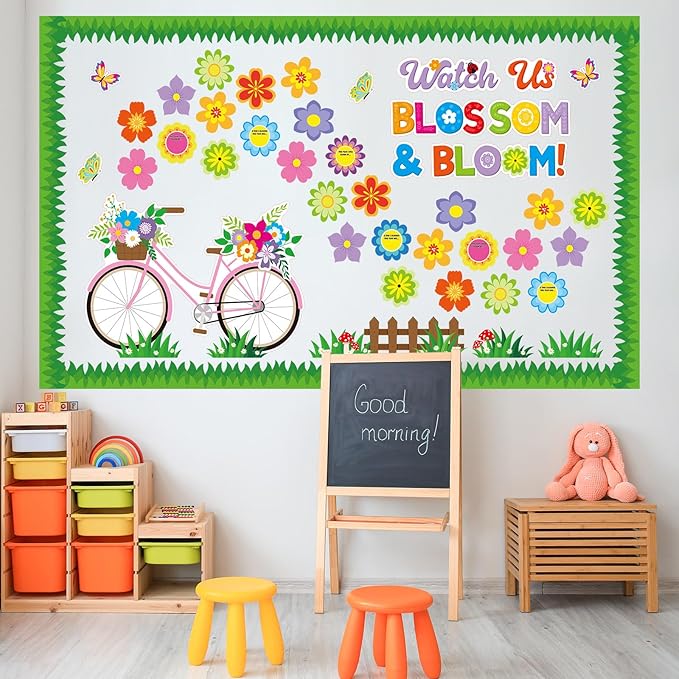 Kosiz Spring Bicycle Bulletin Board Decorations Set Flower Butterfly Bike Paper Cutouts Watch Us Blossom Bloom Classroom Decorations with Green Borders for School Chalkboard Wall Door Home