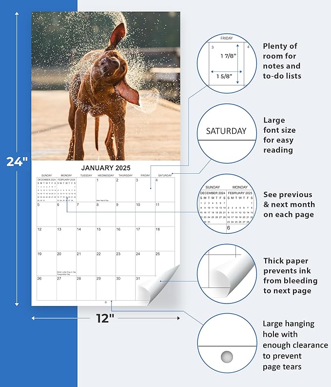 2025 Dogs Shaking it Up Monthly Wall Calendar - Dogs Making Funny Faces while Shaking Dry | 12" x 24" | Thick Sturdy Paper | Dog Calendar 2025