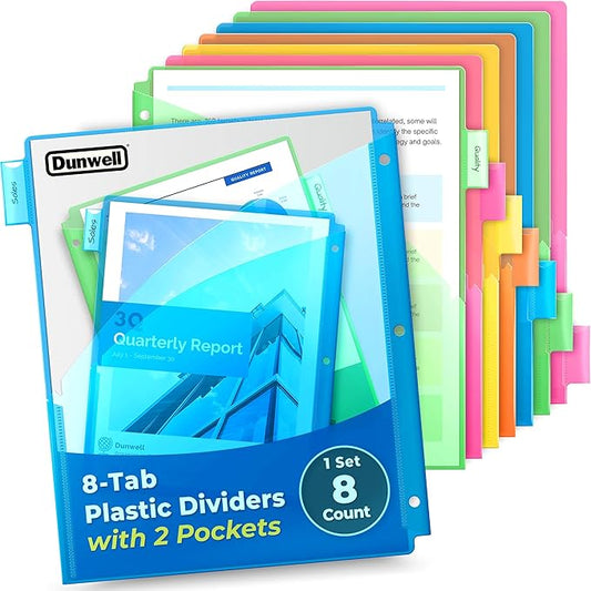Dunwell 2-Pocket 8-Tab Divider Pockets, (1 Set, 8 Count), 5 Colors, Plastic 8 Subject Notebook Tab Dividers for 3-Ring Binders, Includes Label Inserts, Durable Acid-Free Poly