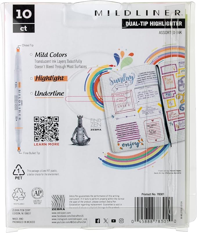 Zebra Pen Mildliner Double-Ended Highlighter Set, Broad and Fine Point Tips, Ideal for Bible Highlighting, No Bleed, Assorted Tropical Bisque Ink Colors, 10-Pack (78301)