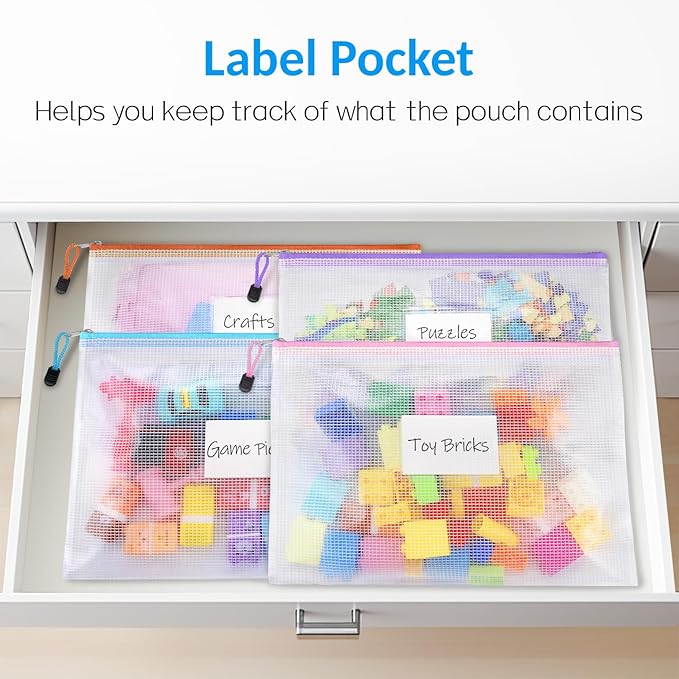 Sooez 14 Pack Mesh Zipper Pouch Bags, A4 Letter Size, Zipper Bags with Label Pocket, Waterproof Zipper Pouches for Classroom Organization, Board Game Storage, Document Bag for Office School Supplies