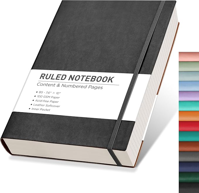 RETTACY Journaling Notebooks, B5 Lined Journal Notebook with 320 Numbered Pages, 7.6" × 10", Medium Size, Journal Notebook for Writing, Work, School, Leather Softcover, 100 GSM Thick Paper (Gray)