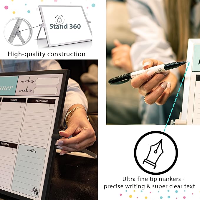 Weekly Dry Erase Board Black Frame, Desktop Calendar White Board with Weekly & Monthly Planners 12x16 inch, Magnetic to Do List with Stand, 6 Markers and Eraser. Whiteboard for Home and Office Desk