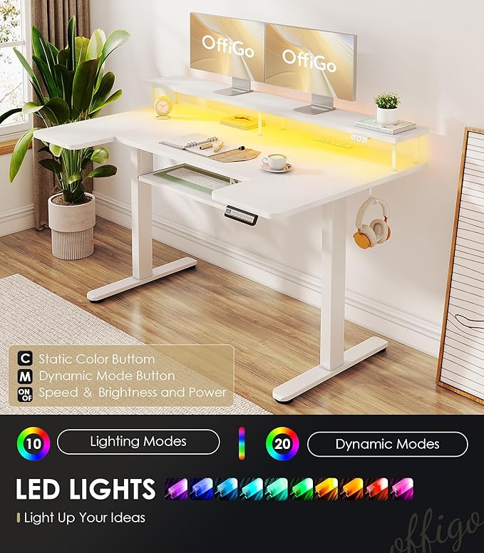 U Shaped Electric Standing Desk with Keyboard Tray, 55 Inch Height Adjustable Desk with Power Outlets & LED Lights, Sit Stand Table with Monitor Stand for Home, Office, White