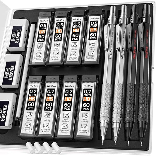 Nicpro 4 Pack Metal Mechanical Pencil Set 0.5 mm & 0.7mm with Case, Artist Pencil MP1000 with 8 Tubes HB & 2B Lead Refill, 3 Eraser, 9 Eraser Refill For Art Writing Drafting Drawing,Black & Silver