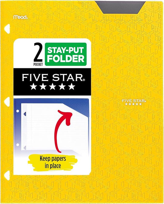 Five Star 2-Pocket Folder, Plastic Folder with Stay-Put Tabs, Fits 3 Ring Binder, Holds 8-1/2" x 11" Paper, Yellow (333420K-ECM)