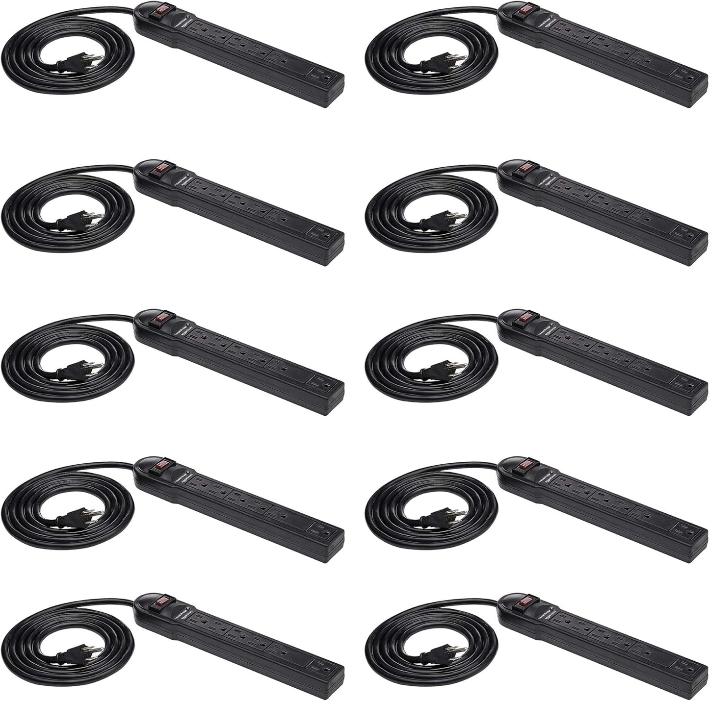 Amazon Basics Surge Protector Power Strip, 6-Outlet, 790 Joules, LED Indicator, 6ft Extension Cord, 10-Pack , Black