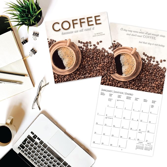 Graphique 2024 Coffee Wall Calendar | 12” x 12” | Thick Paper | Home & Office Organizer | Large Monthly Grid | 3 Languages & Marked Holidays | 4 Month Preview Page for 2025