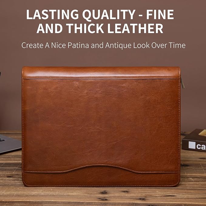 YIWEN Handmade Crazy-Horse Leather 3 Ring Binder Portfolio Padfolio Folder with Zipper for Men and Women, Business Organizer for Letter A4 Size for Meeting and Travel (Custom Engraved, Oil Wax-Brown)