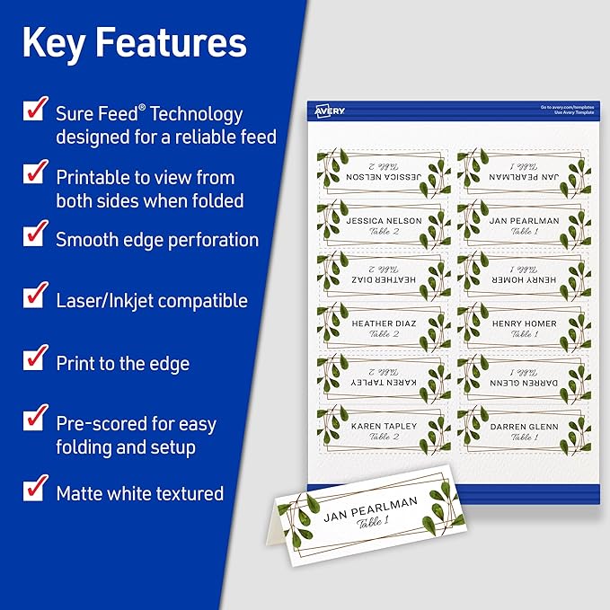 Avery Printable Place Cards with Sure Feed Technology, 1-7/16" x 3-3/4", Textured White, 150 Blank Tent Cards for Laser or Inkjet Printers (16109)