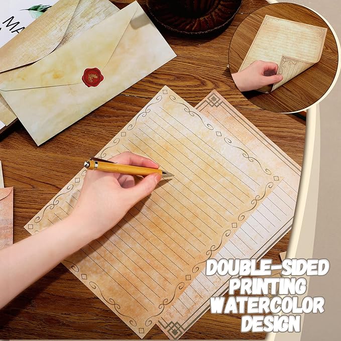 TaoBary 160 Packs Stationery Paper Set (50 Double Sided Stationery Writing Papers 50 Matching Envelopes) 60 Round Dot Sticker, 10 Design(Light Vintage,8.5 x 11 Inch)