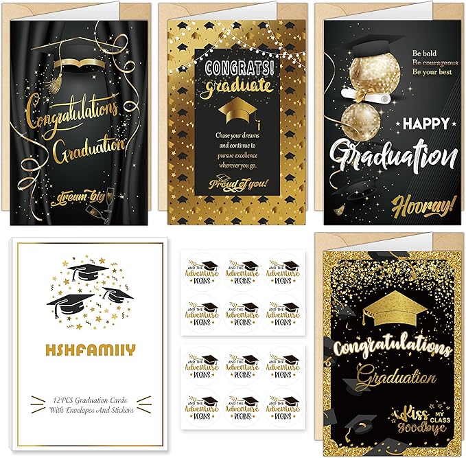 Graduation Cards, Graduation Gifts for Her Him, Black and Gold, Congratulations Grad with Envelope Sticker - Blank Inside
