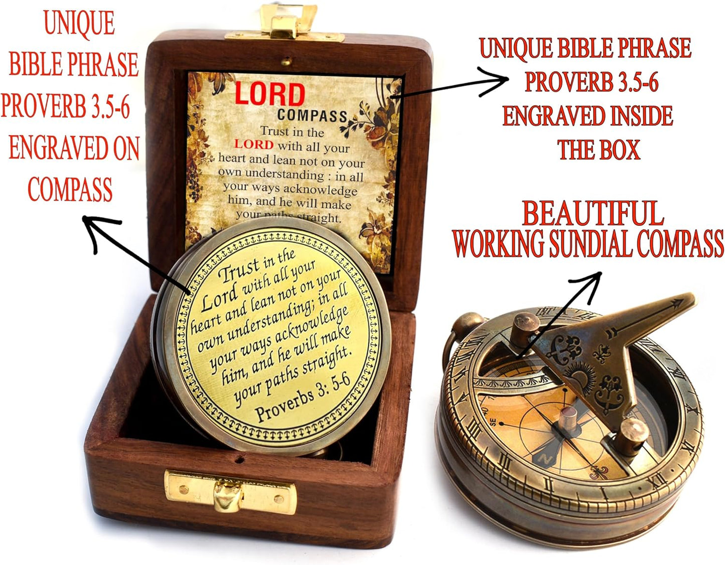 Trust in The Lord With All Your Heart - Proverbs 3:5-6 Quote Engraved Compass With Wooden Box, Greeting Card, Gift Compass, Graduation Day Gifts 2024 for Women Men Boys Girls