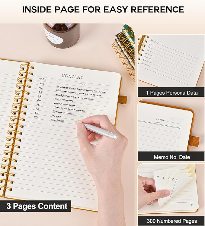 Spiral Notebook Journal for Women Men, 300 Numbered Lined Pages, College Ruled, A5 Hardcover Spiral Bound Notebook for School, Work, Note Taking Writing, Leather Spiral Journal Medium 5.9"x8.5"