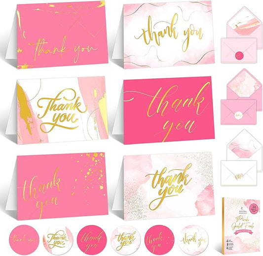 Decorably 24 Pack Gold-Foiled 6x4in Pink Thank You Cards with Envelopes and Stickers, 6 Elegant Designs Pink Blank Cards and Envelopes, Blank Inside - Wedding, Baby Shower, Birthday