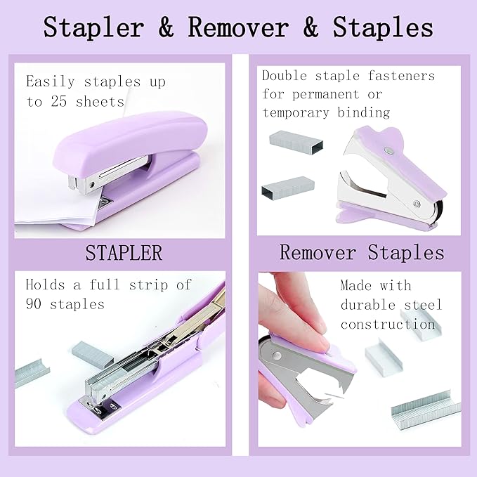 Purple Office Desk Accessories Supplies, 12pcs Desk Organizers and Accessories with Tape dispenser and Stapler,Staples,Staple Remover,Pen Holder,Scissor,Ruler,Sticky Tabs,Tape,Ballpoint Pen,Clips Set