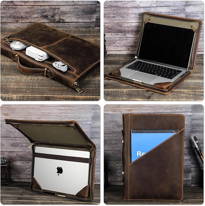 Top Grain Leather 16.2" Slim Laptop Zipper Folio Case Bag, Handmade & 2 Pockets, Compatible with MacBook Pro 16.2" A2485 M1 Max 15" Touch Bar A2141 A1707 Pro 16" Touch ID, Coffee 16.2 Inch