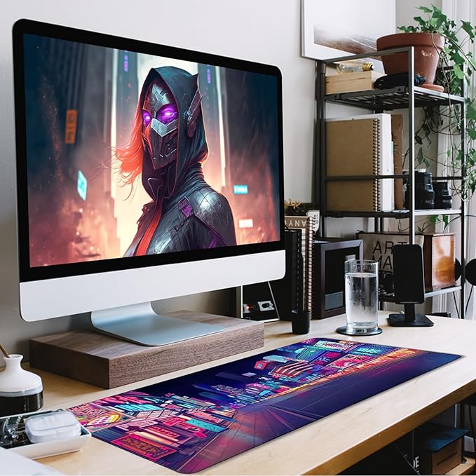 Japanese City Big Desk Mat Large Office Desk Pad, Durable Extended Mouse Mat, 31.5"x15.7" Computer Mousepad with Non-Slip Rubber Base & Stitched Edge for Home Office Gaming Work