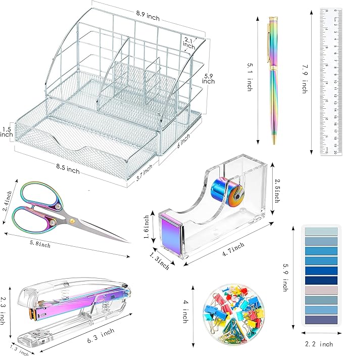 Dream Color Desk Accessories, Office Desk Organizers and Accessories Supplies with Mesh Desk Organizer, Tape Dispenser, Stapler, Staples, Ballpoint Pen, Clips Set, Ruler, Scissor, Sticky Tabs