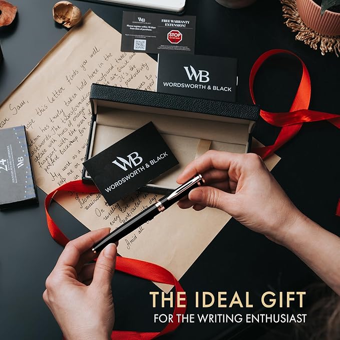 Wordsworth & Black Fountain Pen Set, 18K Gilded Medium Nib, Includes 24 Pack Ink Cartridges, Ink Refill Converter & Gift Box, Gold Finish, Calligraphy, [Black Rose Gold], Perfect for Men & Women