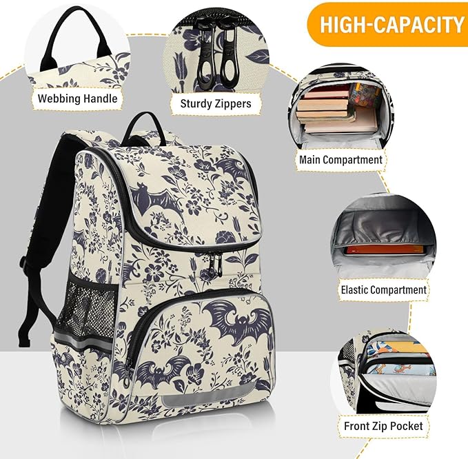Goth Bat Flowers Backpack with Reflective Strip for Kids Boys Girls Elementary School Bag Removable Chest Strap