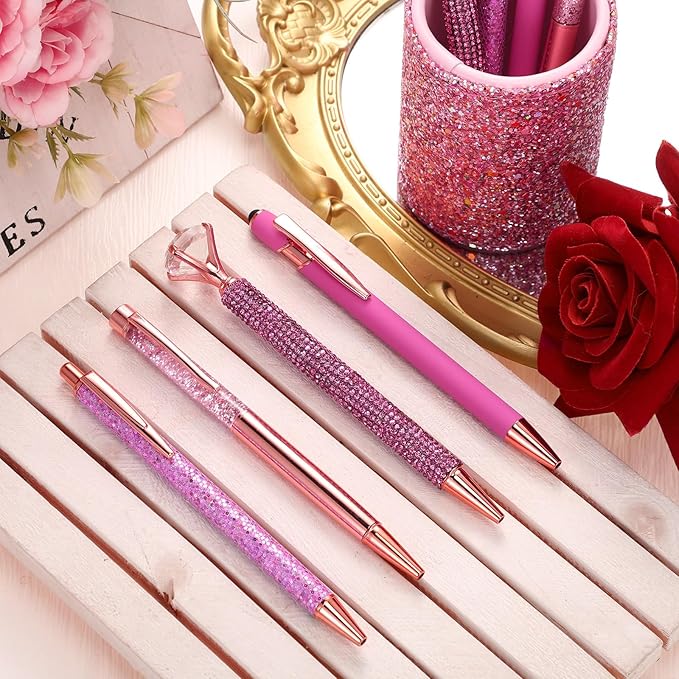 Sabary 8 Pcs Ballpoint Pens with Pen Holder for Desk Glitter Crystal Diamond Fancy Pencil Holder Bling Desk Organizer Cute Stationery Supplies for Women Girls Wedding Office School Gifts(Shiny Pink)