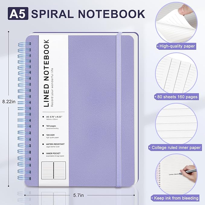 ABERLLS Purple Lined Spiral Journal Notebook with 160 Pages, 8×5.7in, A5 Spiral Notebook, Journaling Notebooks for Work, School, Women, Men, College Ruled Spiral Notebook, Hardcover Leather Journals