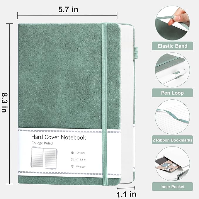 CAGIE 2 Pack Journal for Women Men 320 Pages 100 Gsm Paper Thick Journaling Notebooks A5 Leather Lined Journals for Writing Hardcover Journal Notebook Diary, Green
