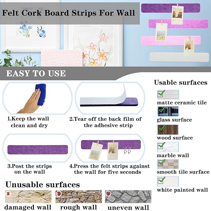 8Pcs Bulletin Board Strips, Purple Rose Felt Pin Board Bar Strips with 50 Pushpins, Self-Adhesive Felt Cork Board Strips for Wall to Display Your Notes, Photos, Schedules, Announcements