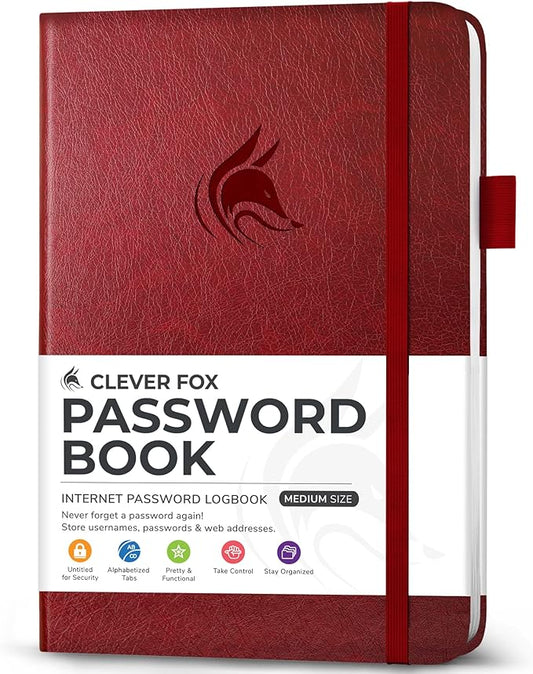 Clever Fox Password Book with Alphabetical tabs. Internet Address Organizer Logbook. Medium Password Keeper for Website Logins (Wine Red)