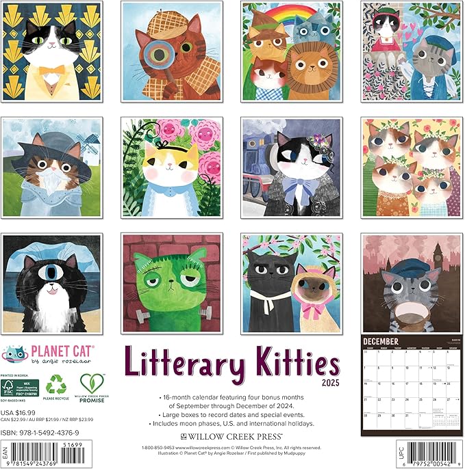 Willow Creek Press Litterary Kitties Monthly 2025 Wall Calendar (12" x 12")