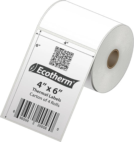 4" x 6" Thermal Labels | 4 Rolls | 1100 Labels | fits Zebra, Munbyn, Rollo, Godex, Arkscan, iDPRT, Offnova Thermal Label Printers and More | Blank White Adhesive Stickers by Ecotherm
