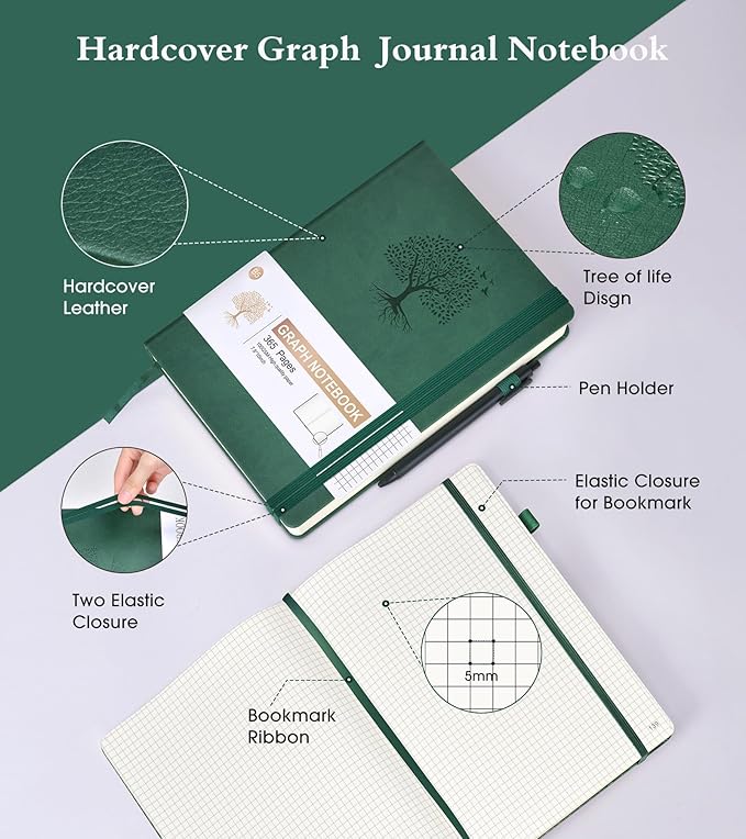 Graph Paper Notebook Journal, 360 Numbered Pages Grid Notebooks, Thick 100gsm Graphing Paper Notebook Journals for Women Men, B5 Large Hardcover Leather Graph Journals for Writing 7.6'' X 10'' Green