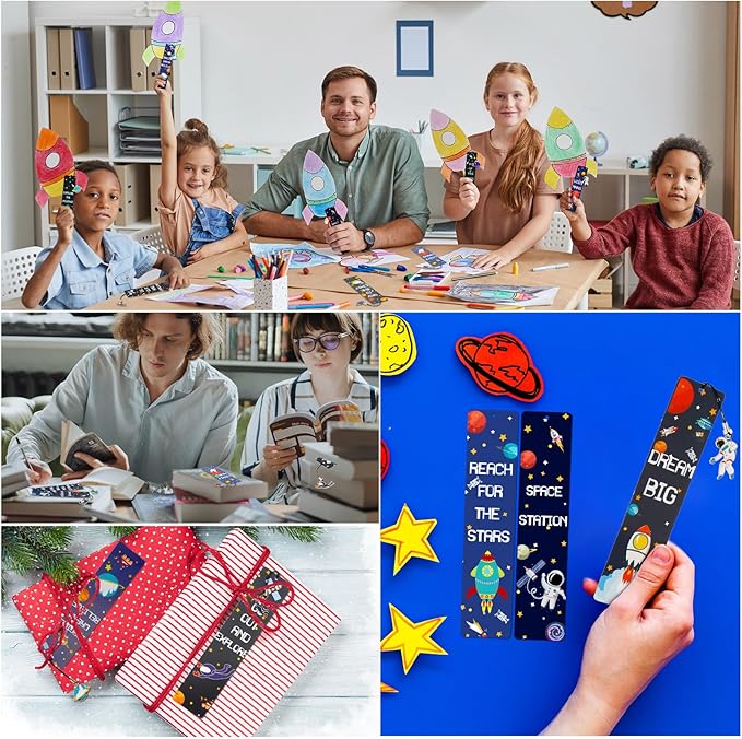 Christmas Space Theme Bookmarks with Metal Charms Planet Rocket Space Ship Theme Bookmarks Inspirational Quotes Bookmarks for Space Christmas Party Favors Gifts Kids Boys Girls Encourage(288 Pieces)