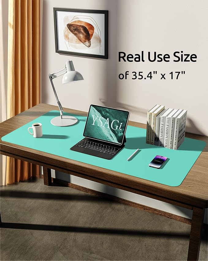 YSAGi Leather Desk Protector, Office Mat, Large Mouse Pad, Non-Slip PU Leather Blotter, Laptop Desk, Waterproof Writing Pad for Office and Home (Calamine Blue, 35.4" x 17")