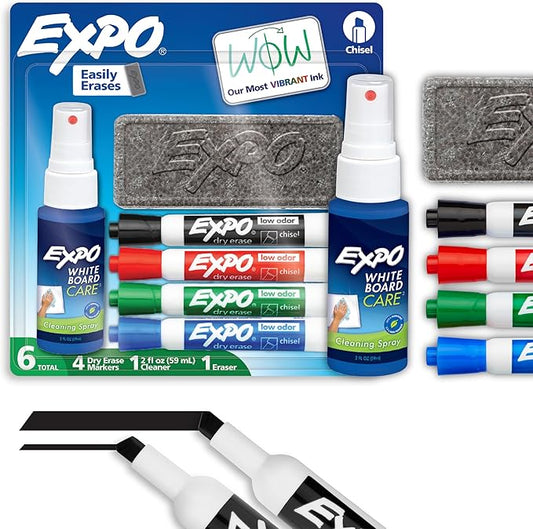 EXPO Dry Erase Markers Kit, Chisel Tip, Assorted Colors, Eraser, Spray Cleaner, 6 Count