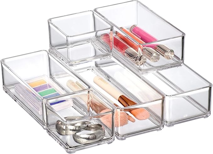 Amazing Abby - QuickSort - Plastic Stackable Organizers (6-Piece Set) for Vanity and Desk Drawer, Perfect Storage Solution for Beauty Products, Office Supplies, Decorative Items, and More