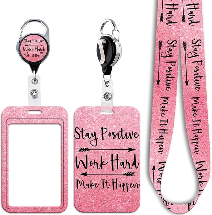 Pink ID Badge Holder Lanyard & Retractable Badge Reel Positive Lanyard for ID Badges Cute Key Lanyard for Women Girls Teachers Aesthetic Work & School Lanyard ID Holder Cruise Lanyard(Quote)